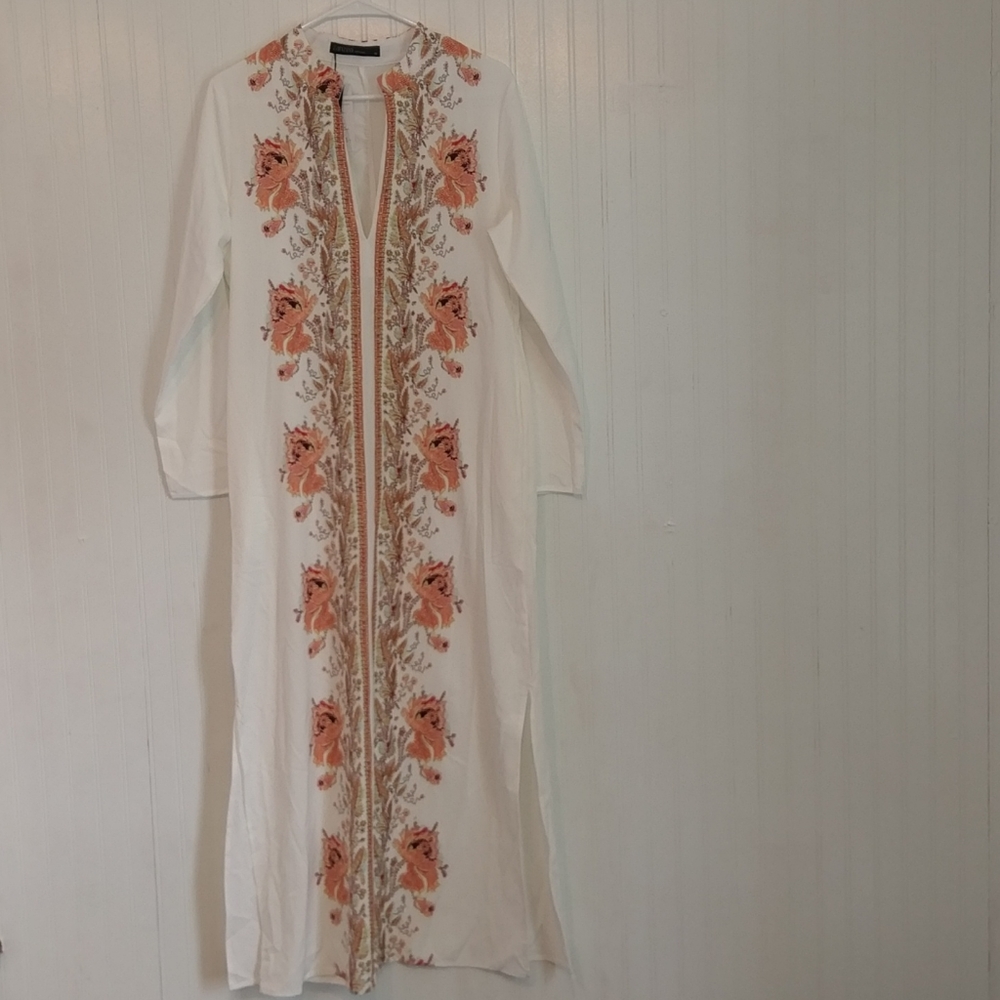 Zanzea Cream & Orange Floral Tunic Maxi Dress Sz M